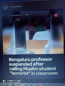 A professor at PES University has been suspended after allegedly referring to a Muslim student as a “terrorist” multiple times and making remarks such as linking the Iran war to “people like you” during a classroom session, creating a hostile environment.